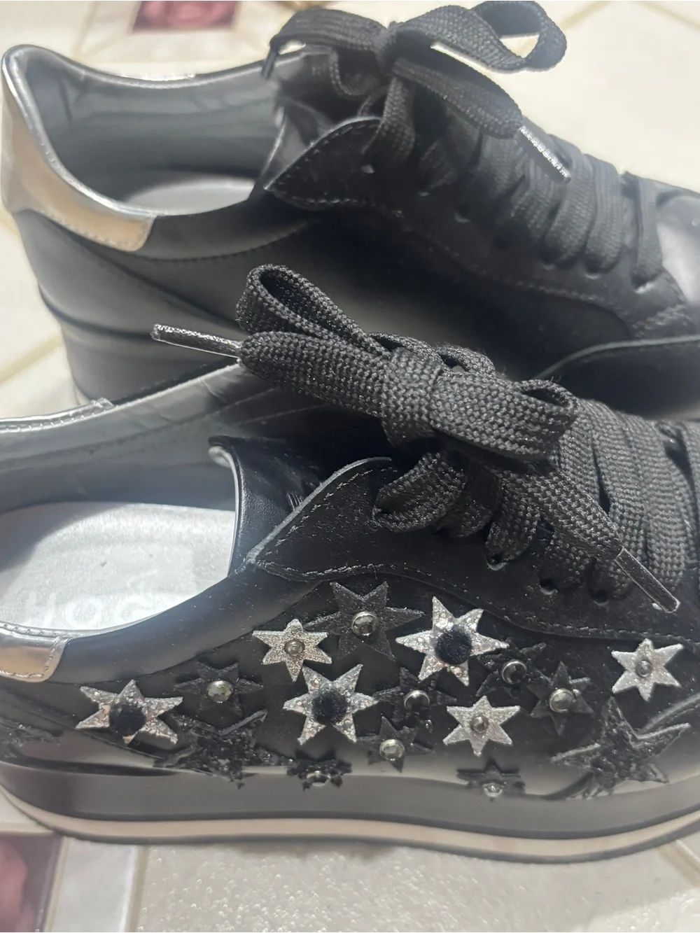 Hogan Black Leather Sneakers with Silver Star Embellishments
